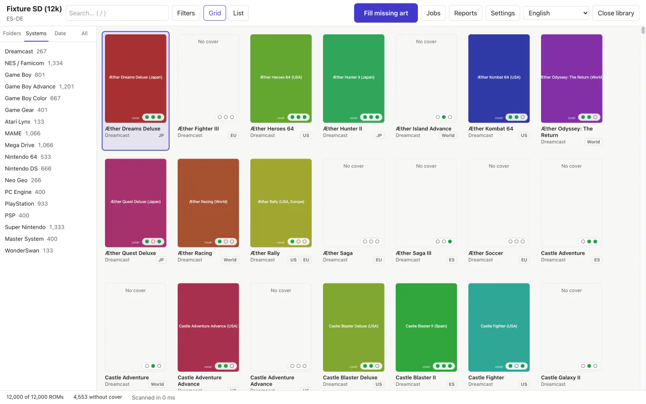 A library open in Coverly ROMs: systems on the left and a grid of games where those without a cover show as “No cover” gaps. At the bottom, 4,553 without cover out of 12,000 ROMs.