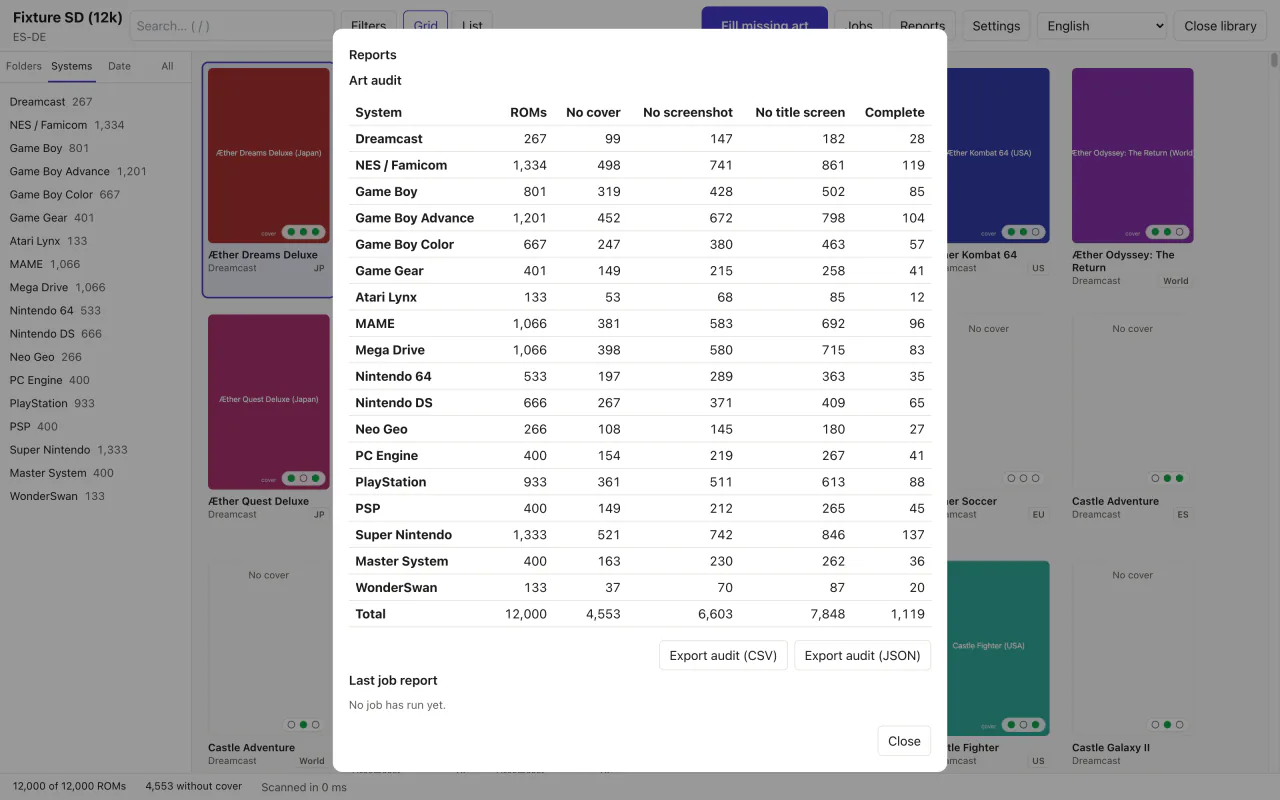 The Art audit report: for each system, how many ROMs have no cover, screenshot or title screen, with buttons to export it as CSV and JSON.