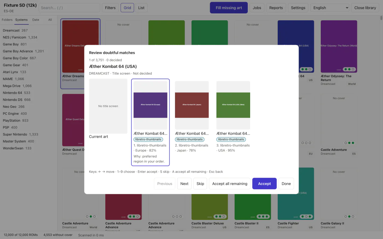 The Review doubtful matches queue: three candidate images for one game with their source, region and score, the reason for the first, and the keyboard shortcuts.