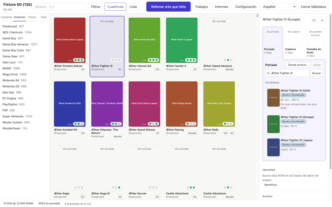 La ficha de un juego junto a la cuadrícula: le falta la portada y las candidatas ya están cargadas debajo, con un buscador encima y los botones Desde archivo y Quitar.