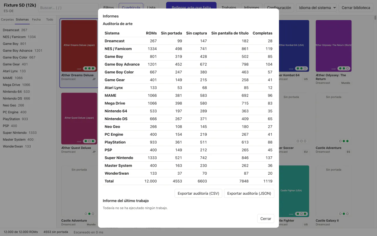 El informe Auditoría de arte: por cada sistema, cuántas ROMs no tienen portada, captura o pantalla de título, con botones para exportar a CSV y JSON.